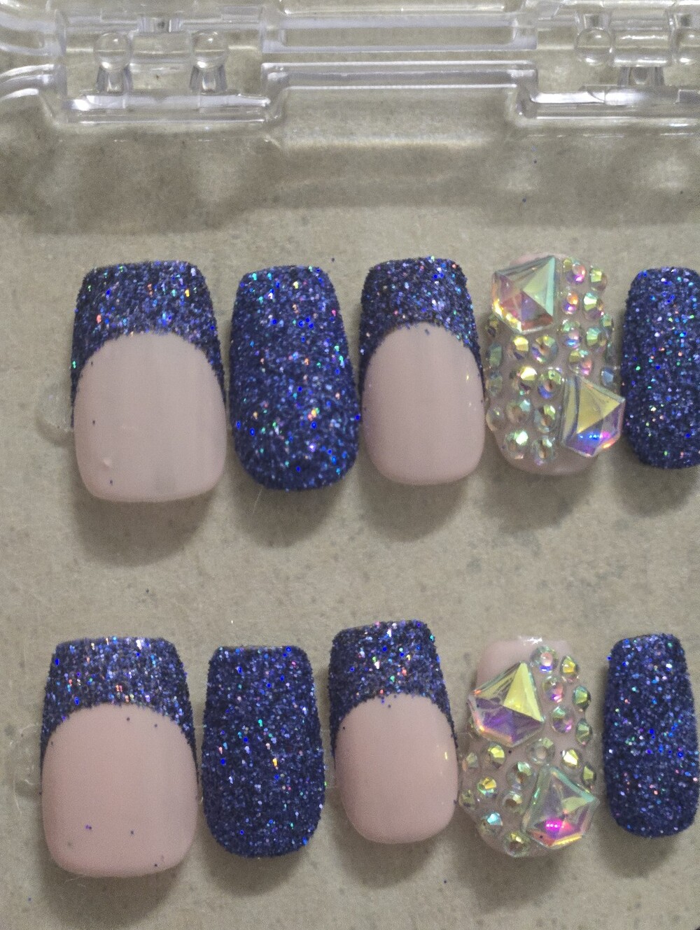 Glittery Blue & Blush Rhinestone Press-On Nails, Short Length Square Shape
